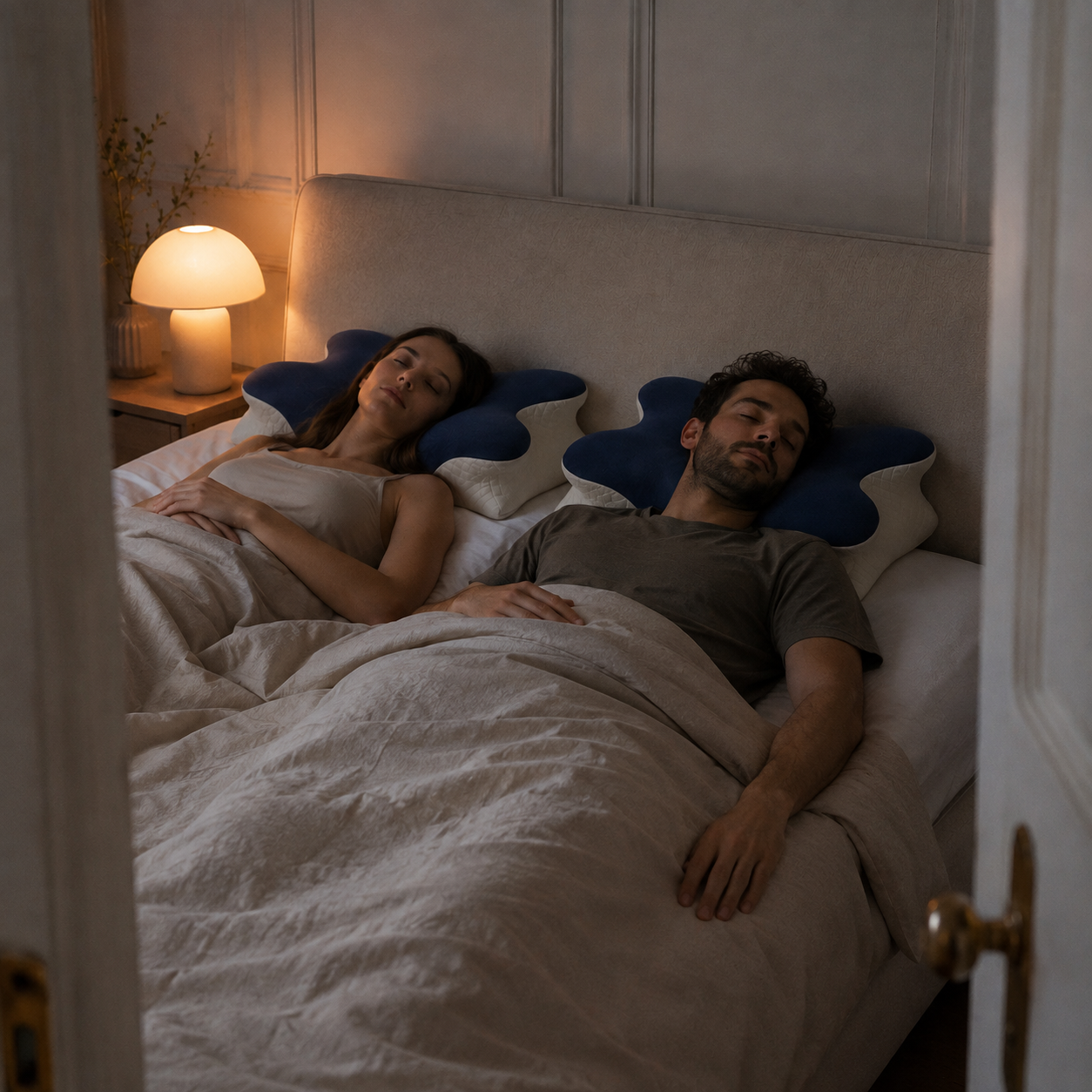 Pár alszik egy ágyban, mindkettőjüknek saját PillePárna ergonomikus párnája van