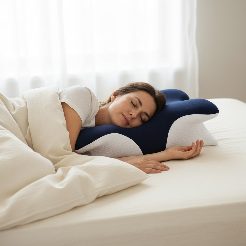 Oldalt alvó nő PillePárna ergonomikus párnán, nyak és gerinc egy vonalban
